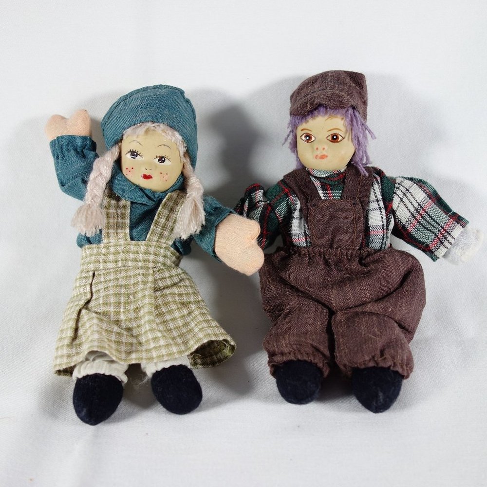 Dutch Boy and‎ Girl Miniature Dolls Magnets Porcelain Heads Cloth Bodies 5 1/2"